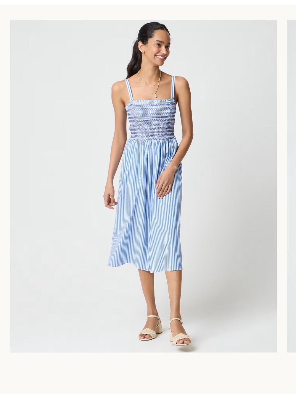 Smocked Striped Midi Dress in Light Blue